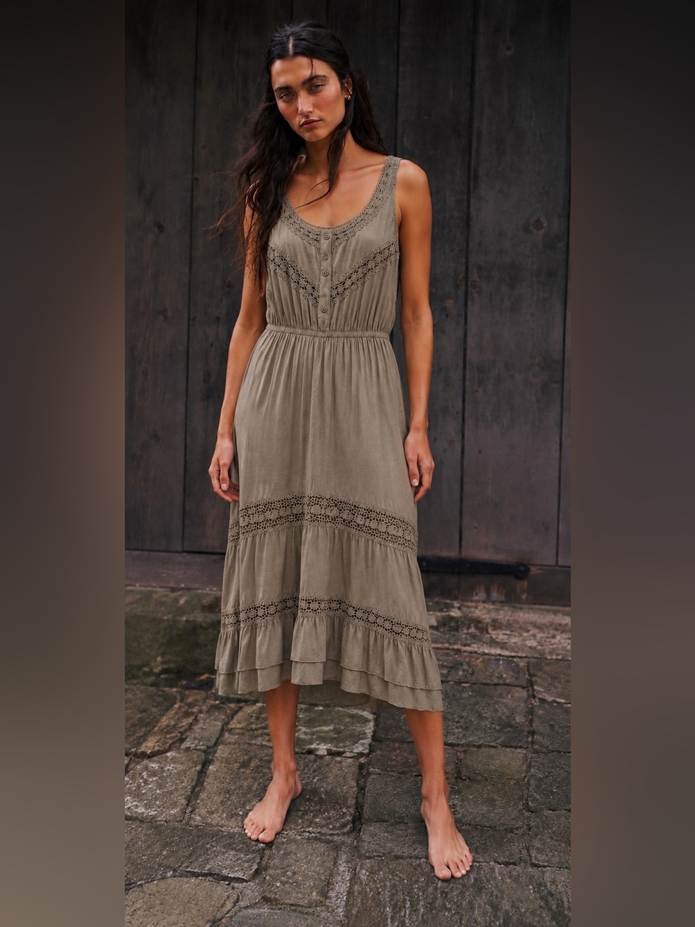 Boho Lace Trim Midi Dress | Size Small | Like New